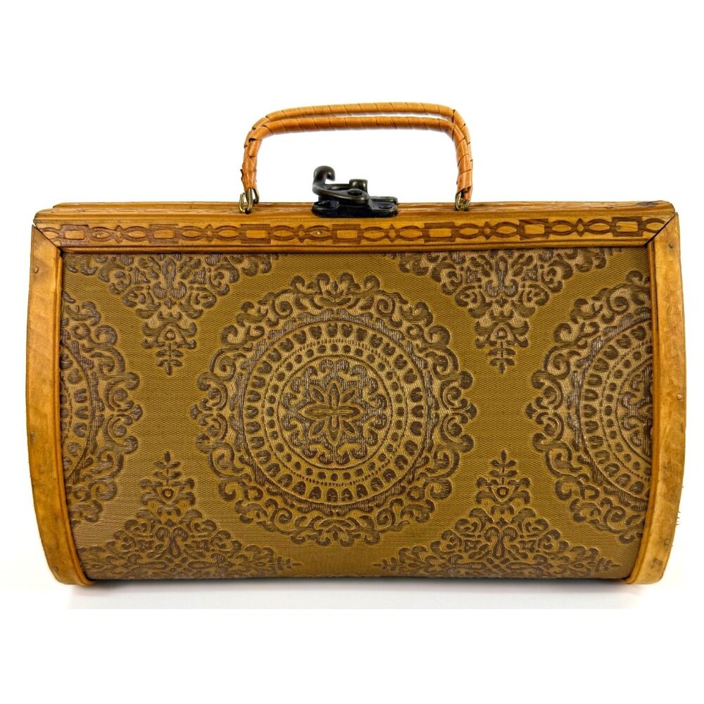 Vintage Wooden Box Purse Mid Century Embossed Leatherette Carved Frame Handbag